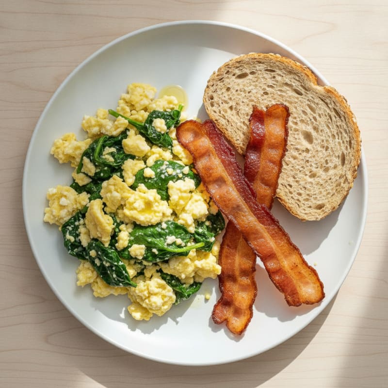 Cottage Cheese Egg Scramble with Spinach and Turkey Bacon