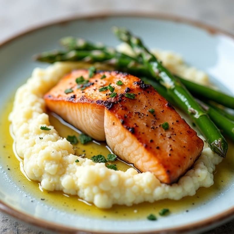Seared Salmon with Steamed Asparagus and Garlic Mashed Cauliflower