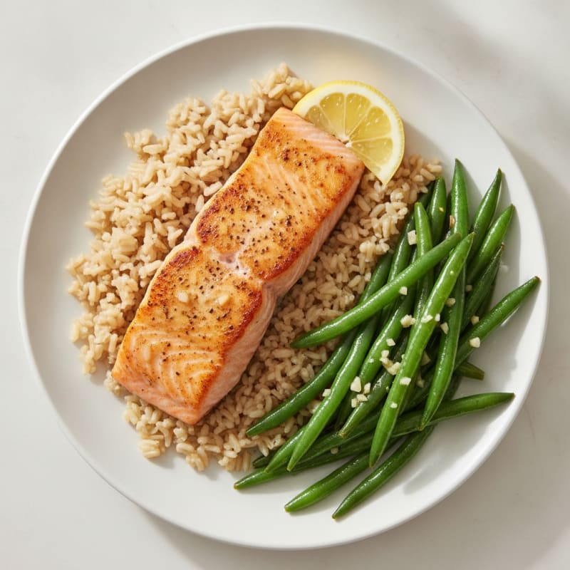 Seared Salmon with Garlic Green Beans and Brown Rice