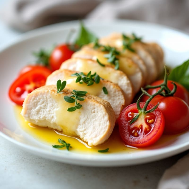 Cottage Cheese with Sliced Chicken Breast and Cherry Tomatoes