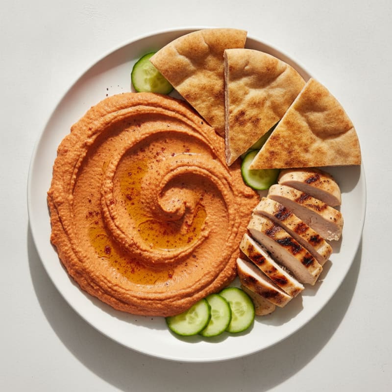 Roasted Red Pepper Hummus with Grilled Chicken and Pita