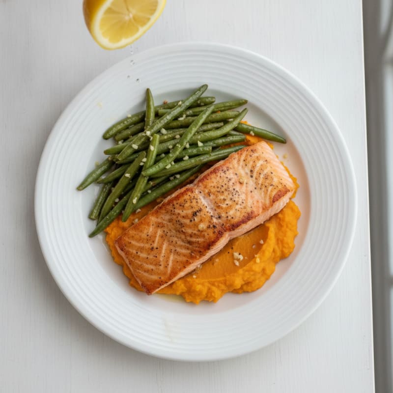 Seared Salmon with Garlic Green Beans and Sweet Potato Mash