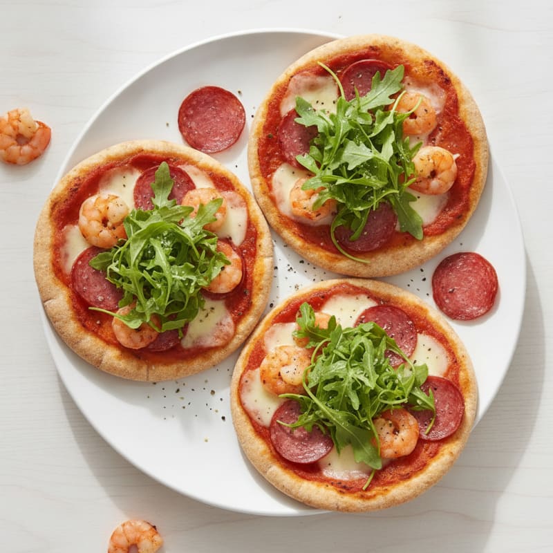 Mini Shrimp and Salami Pizzas with Arugula