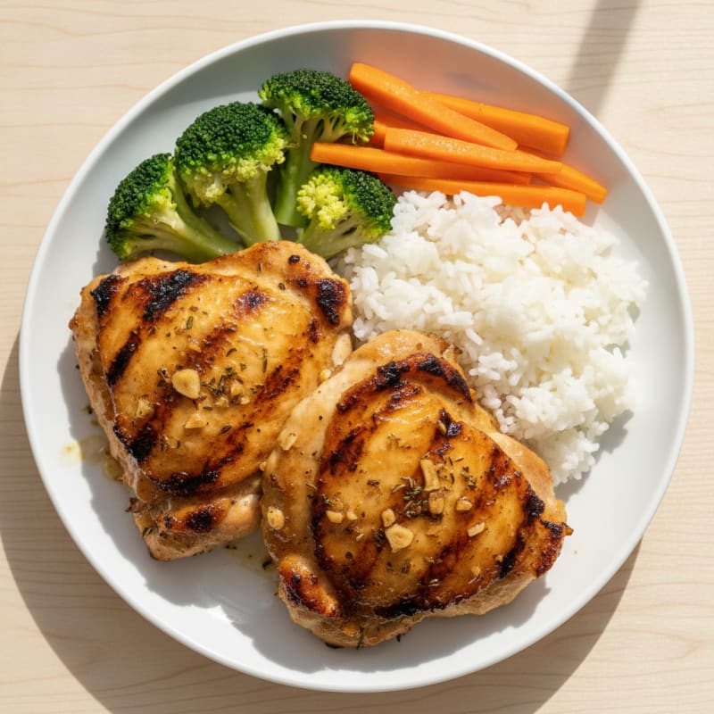 Grilled Chicken Thigh with Steamed Broccoli and Rice