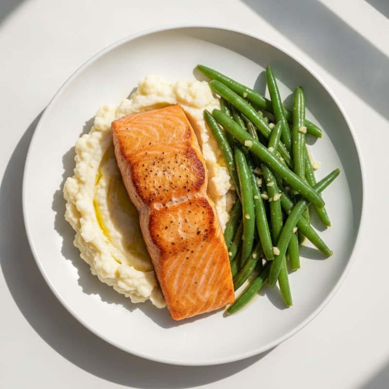 Seared Salmon Fillet with Garlic Green Beans and Mashed Cauliflower