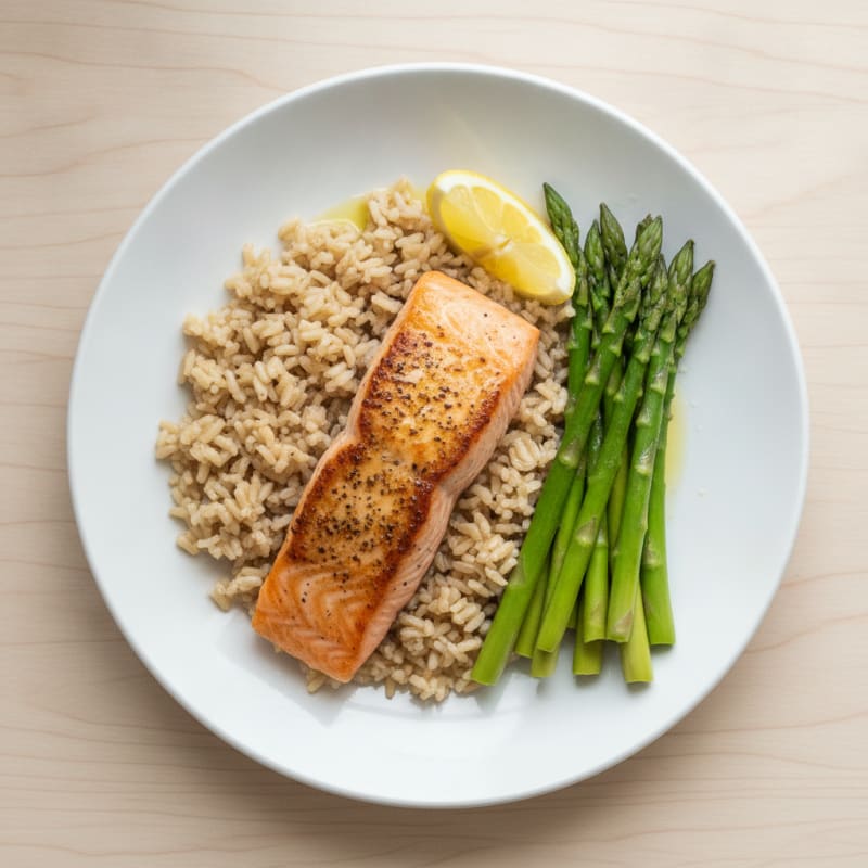 Seared Salmon with Steamed Asparagus and Brown Rice