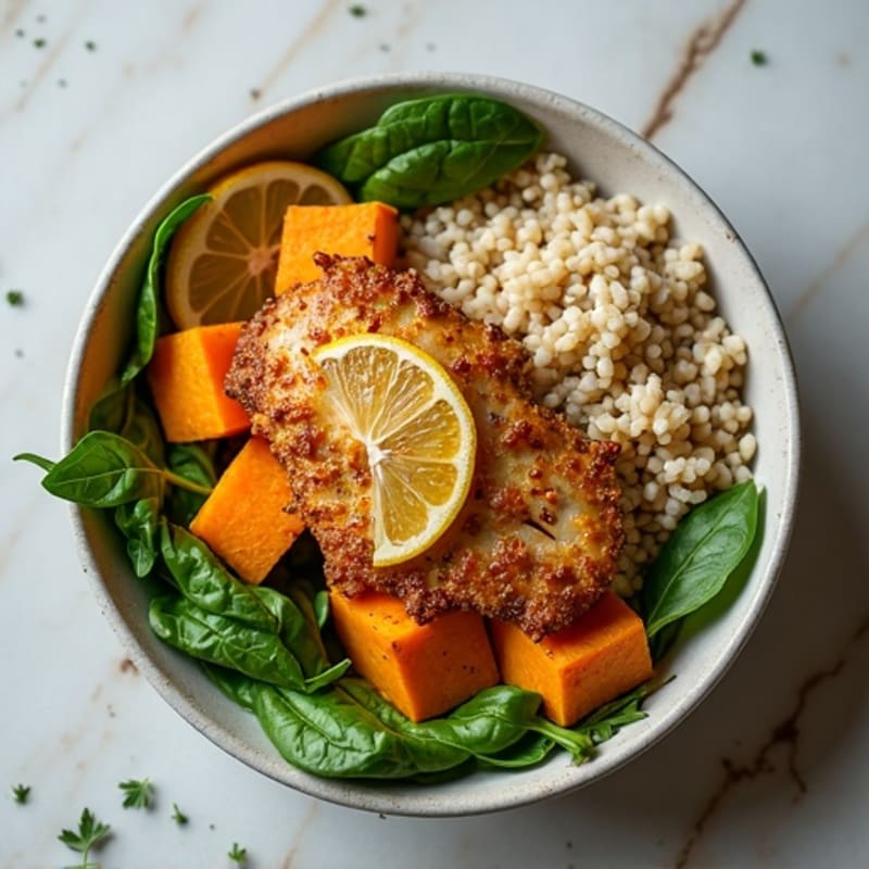 Crispy Lemon-Herb Chicken and Roasted Sweet Potato Rice Bowl