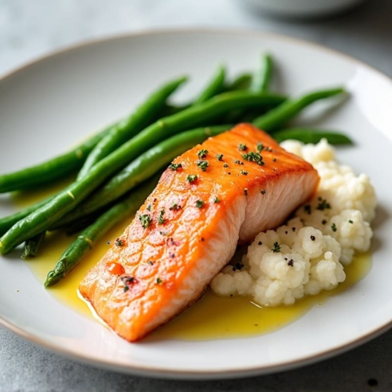 Seared Salmon with Steamed Green Beans and Garlic Mashed Cauliflower
