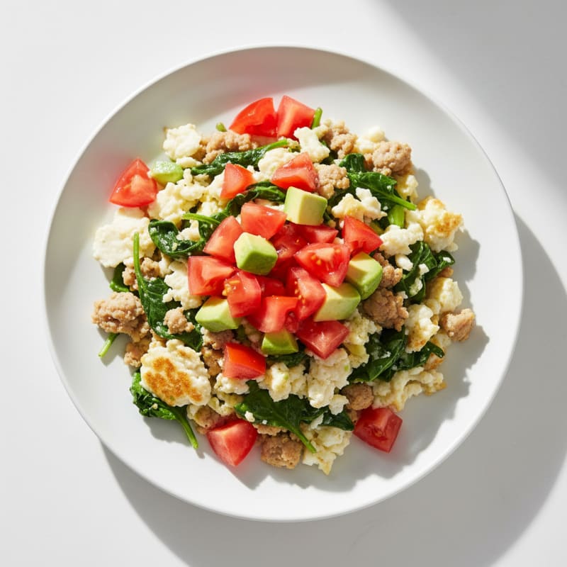 Egg White Spinach Scramble with Turkey Sausage and Fresh Tomatoes