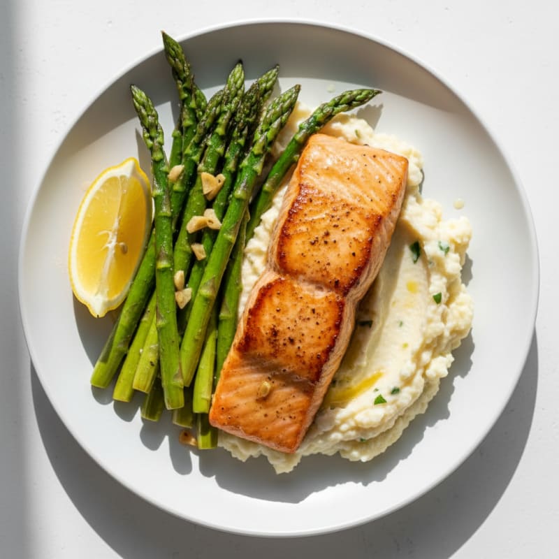 Seared Salmon with Roasted Asparagus and Cauliflower Mash