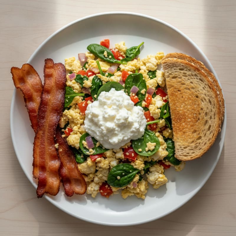 Egg White Veggie Scramble with Cottage Cheese and Turkey Bacon