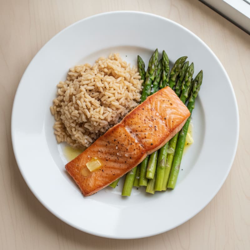 Seared Salmon with Steamed Asparagus and Brown Rice