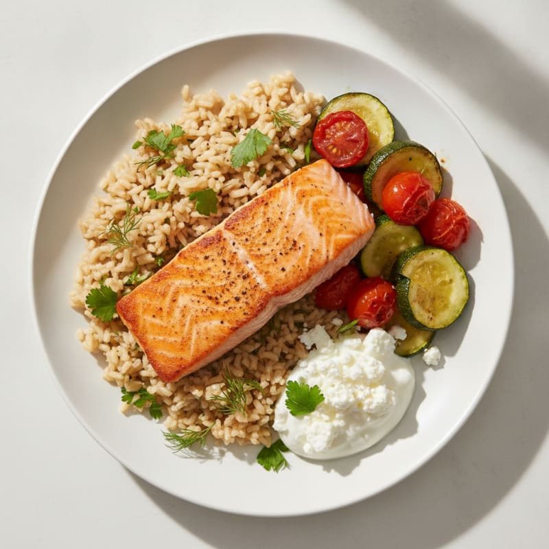 Seared Salmon with Herbed Rice and Roasted Vegetables