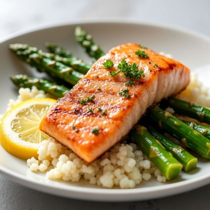 Seared Salmon with Roasted Asparagus and Cauliflower Rice
