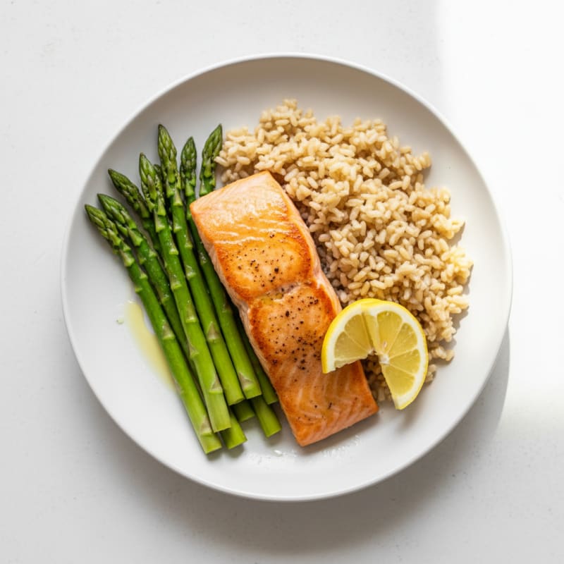 Seared Salmon with Steamed Asparagus and Brown Rice