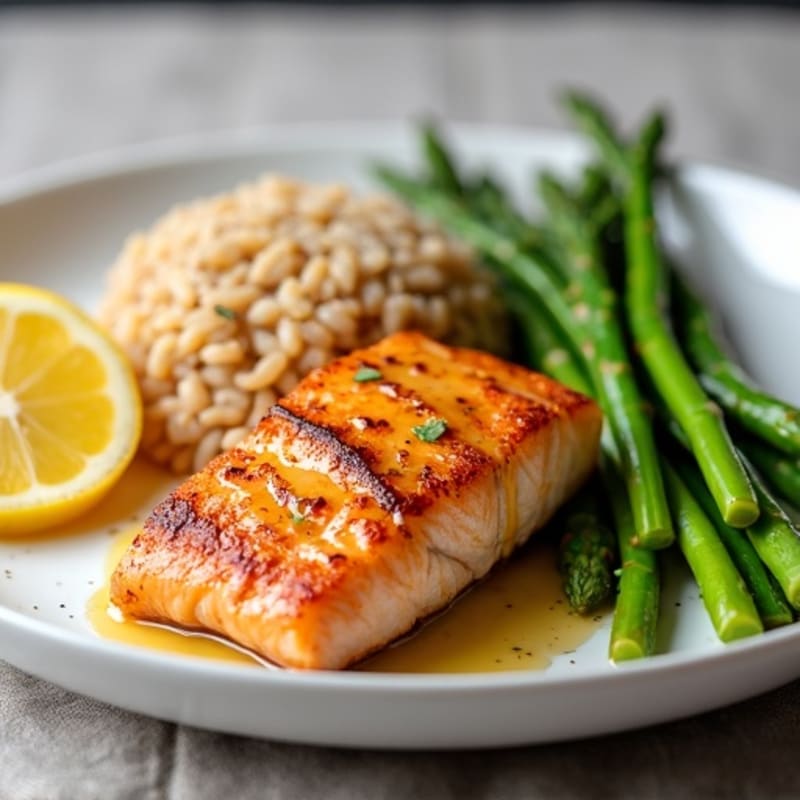 Seared Salmon Fillet with Steamed Asparagus and Brown Rice