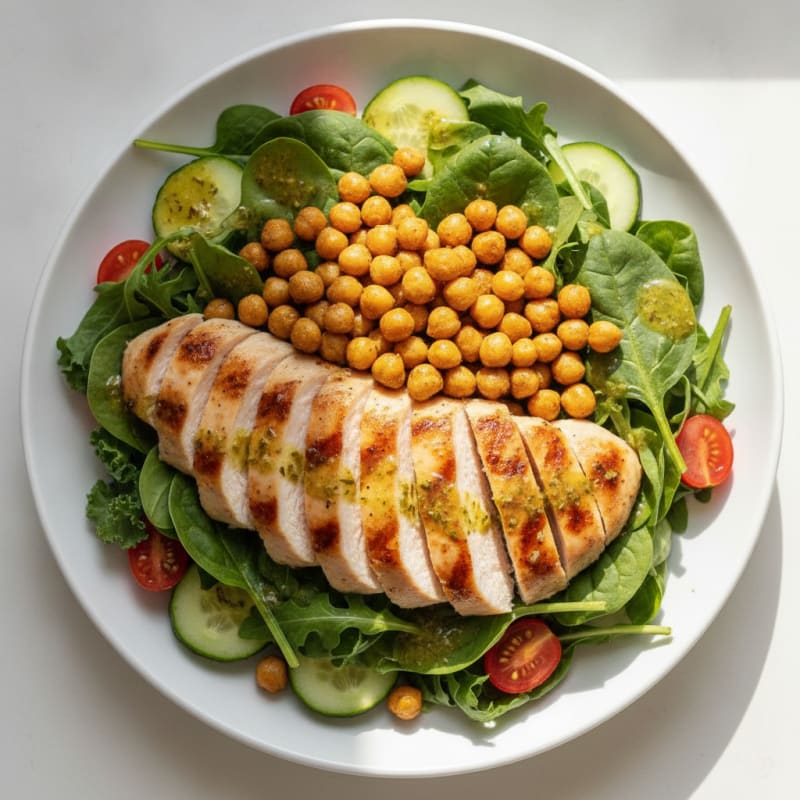 Grilled Chicken Breast Salad with Roasted Chickpeas and Mixed Greens