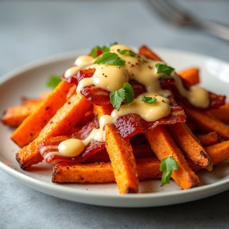 Crispy Roasted Sweet Potato Fries with Lean Bacon and Creamy Cheese Sauce
