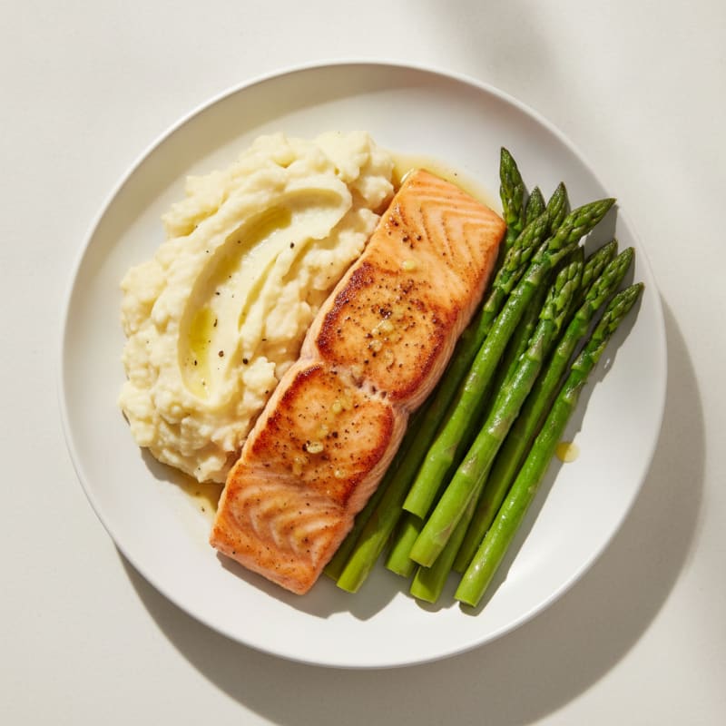 Seared Salmon with Steamed Asparagus and Garlic Mashed Cauliflower