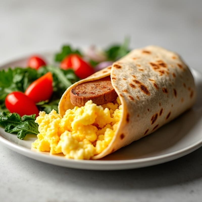 Scrambled Egg and Lean Turkey Sausage Whole Wheat Burrito with Sautéed Vegetables