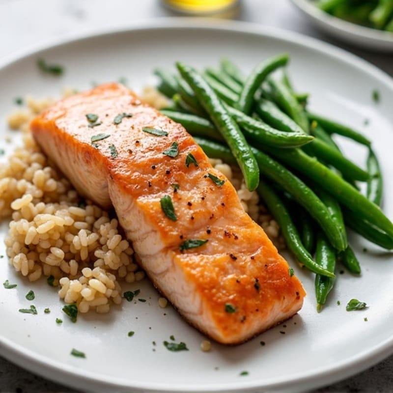 Seared Salmon with Garlic Green Beans and Brown Rice