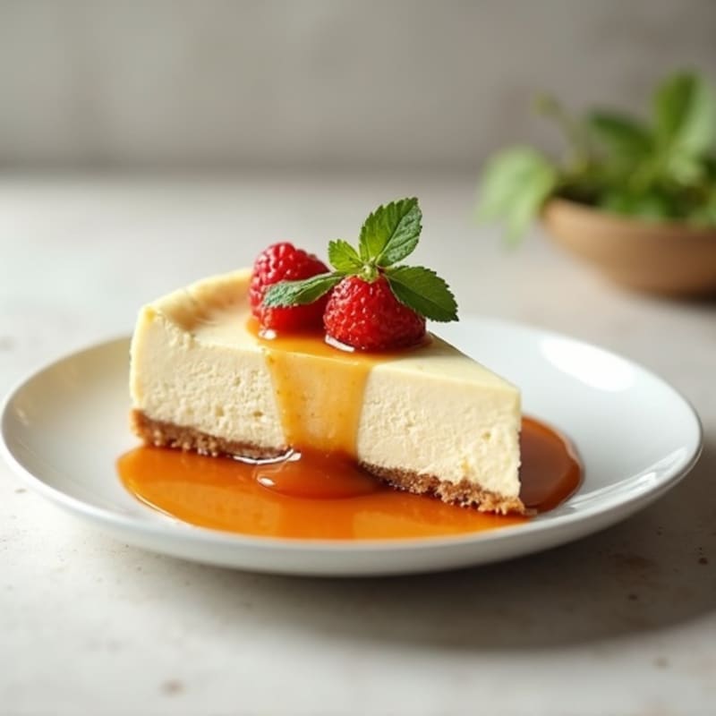 Lightened-Up Greek Yogurt Cheesecake with Date Caramel Drizzle
