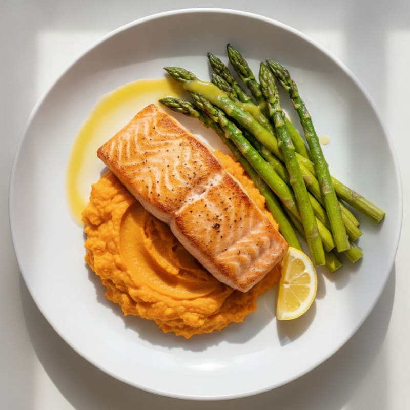 Seared Salmon Fillet with Roasted Asparagus and Sweet Potato Mash