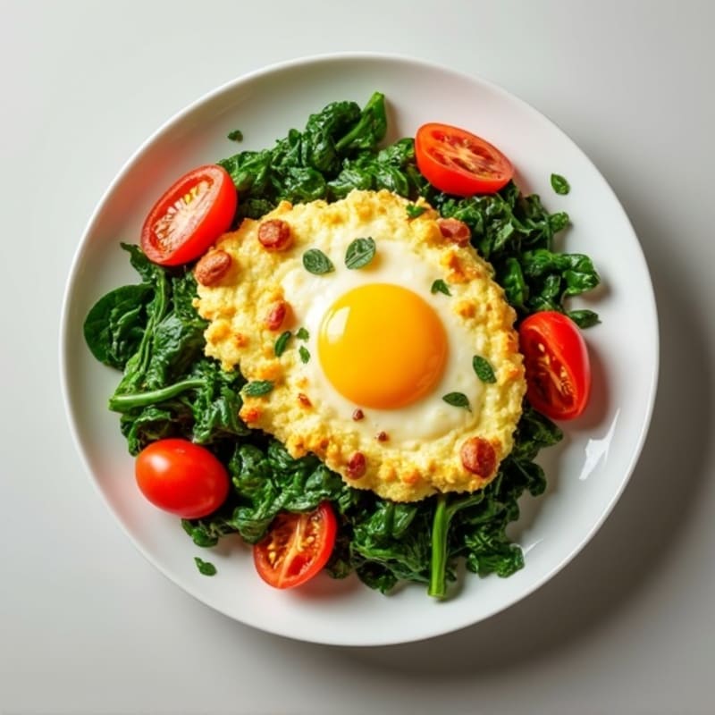 Fluffy Egg Scramble with Sautéed Spinach and Cherry Tomatoes