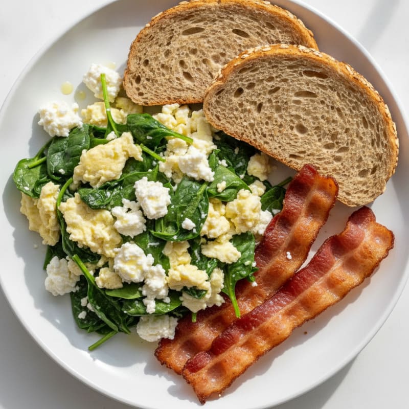 Cottage Cheese Egg White Scramble with Spinach and Turkey Bacon