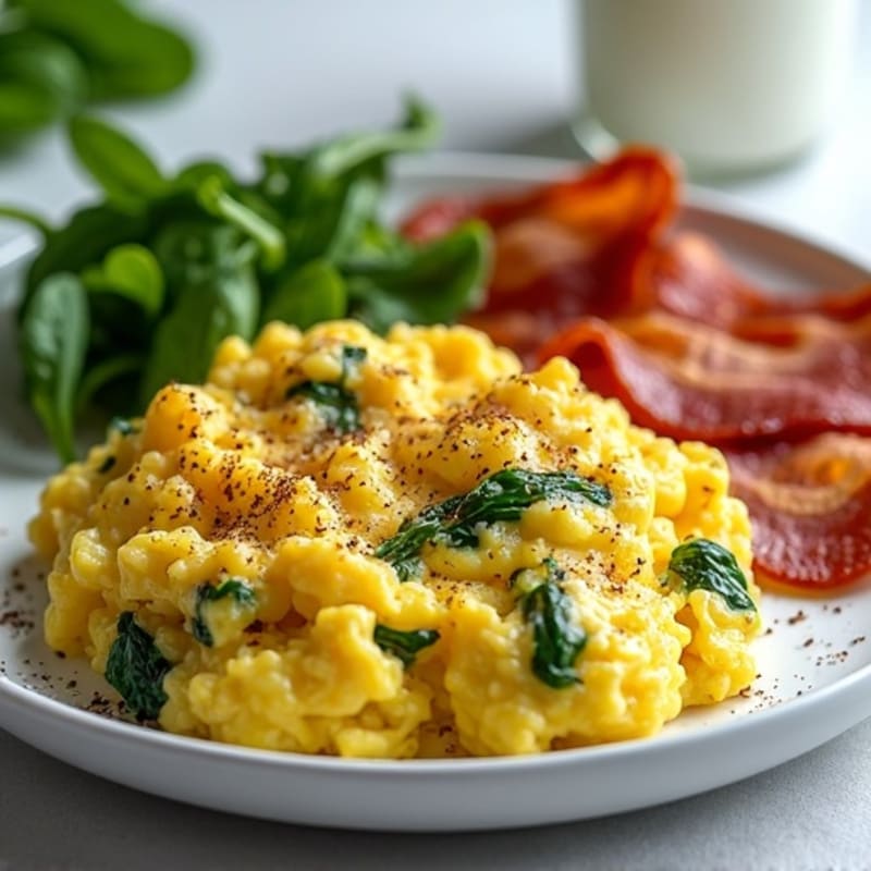 Fluffy Scrambled Eggs with Spinach and Turkey Bacon