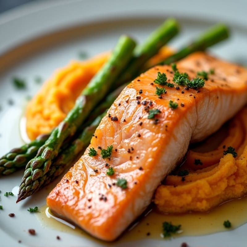 Seared Salmon Fillet with Roasted Asparagus and Sweet Potato Mash
