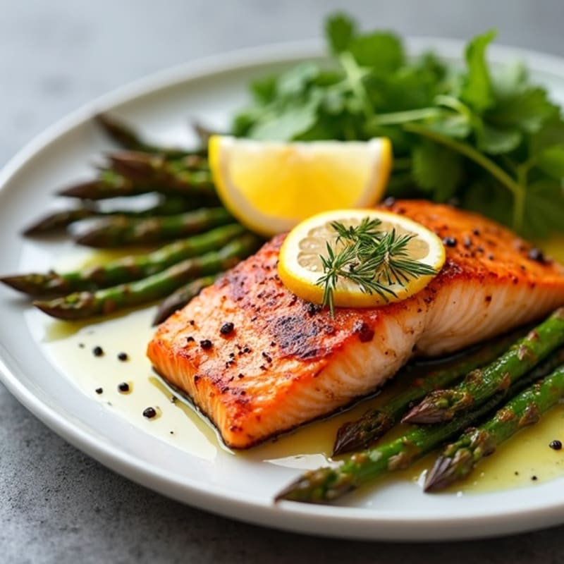 Crispy Pan-Seared Salmon with Roasted Asparagus and Lemon