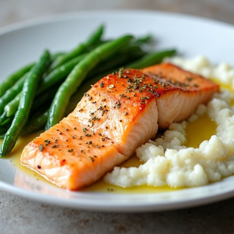 Seared Salmon with Garlic Green Beans and Cauliflower Mash