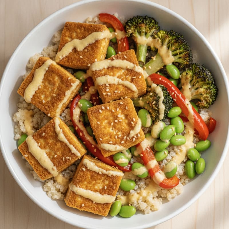 Crispy Tofu Power Bowl with Quinoa and Roasted Vegetables