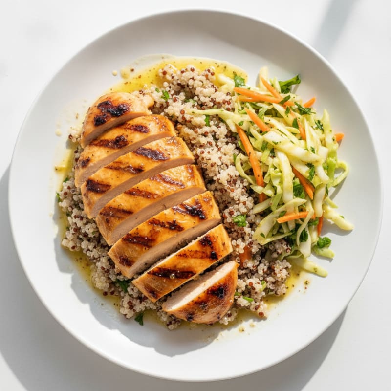 Grilled Chicken Breast with Crunchy Cabbage Slaw and Quinoa