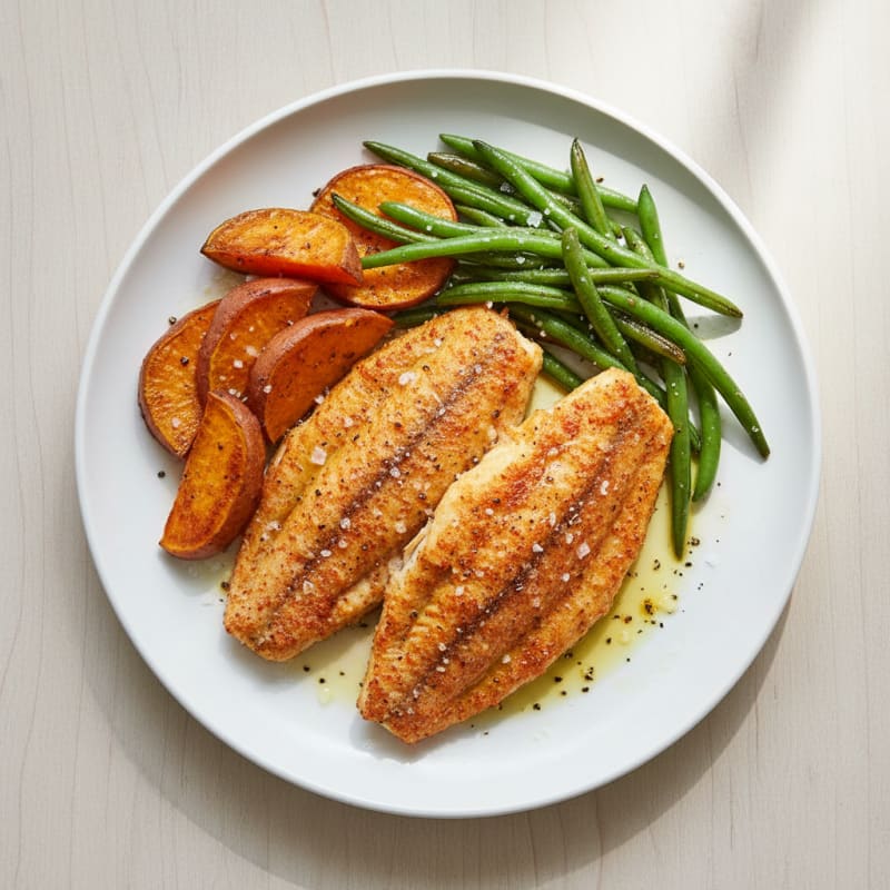Baked Tilapia with Sweet Potato and Green Beans