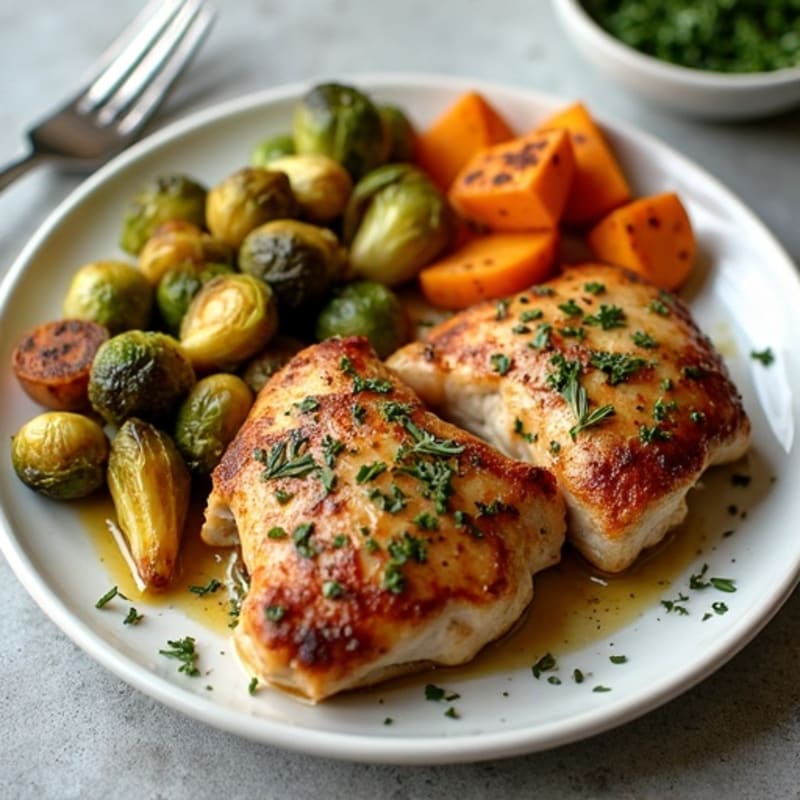 Herb-Roasted Chicken Thighs with Crispy Brussels Sprouts and Sweet Potatoes