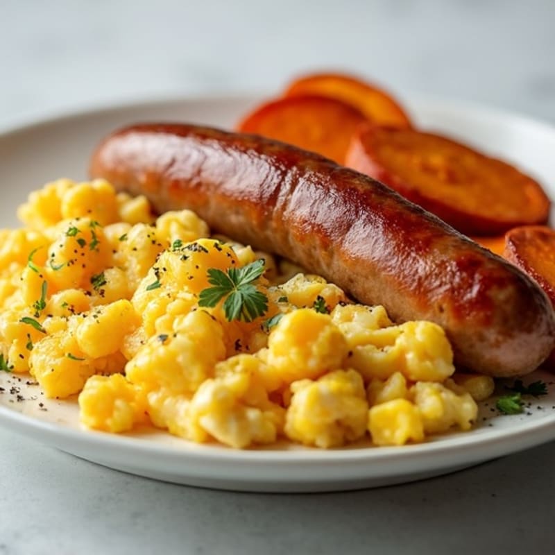 Egg White and Turkey Sausage Scramble with Roasted Sweet Potatoes