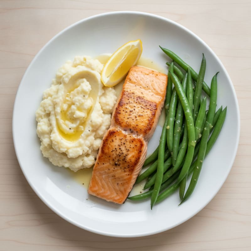 Seared Salmon with Steamed Green Beans and Garlic Mashed Cauliflower