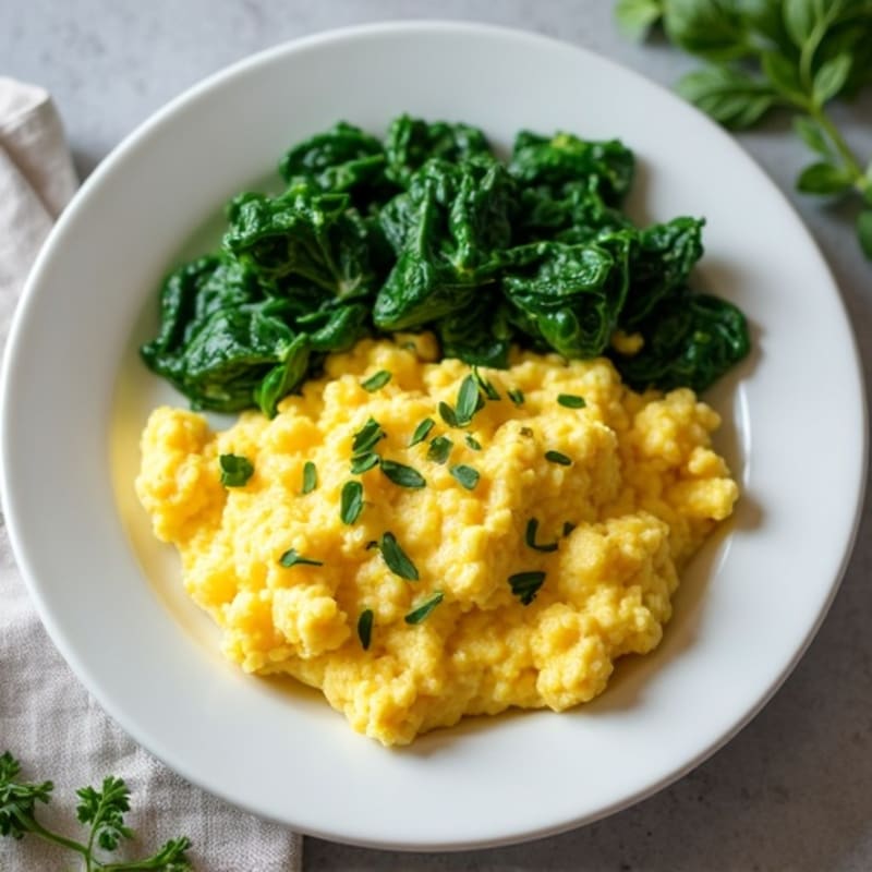 Fluffy Scrambled Eggs with Fresh Herbs and Sautéed Spinach