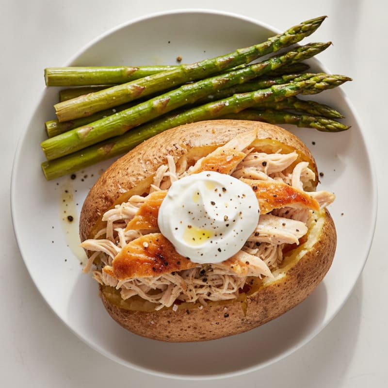 Rotisserie Chicken Baked Potato with Asparagus