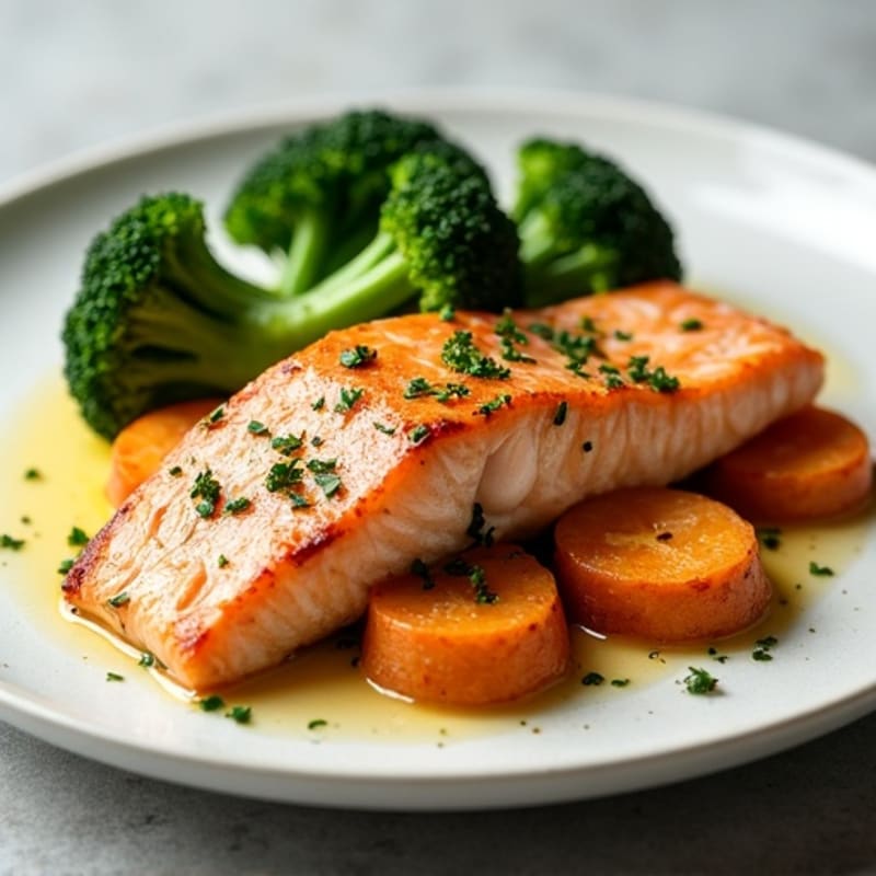 Seared Salmon with Roasted Sweet Potato and Steamed Broccoli