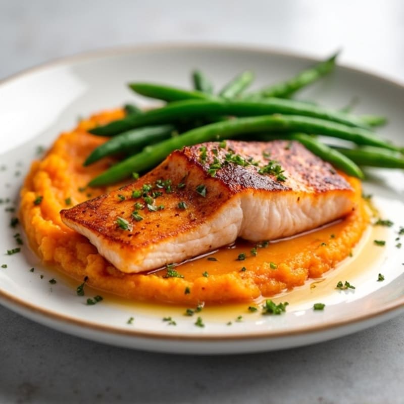 Seared Salmon with Steamed Green Beans and Sweet Potato Mash