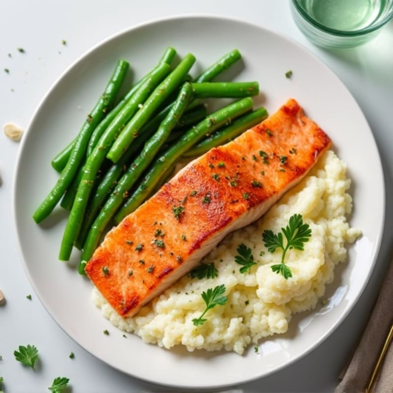 Seared Salmon with Steamed Green Beans and Garlic Mashed Cauliflower