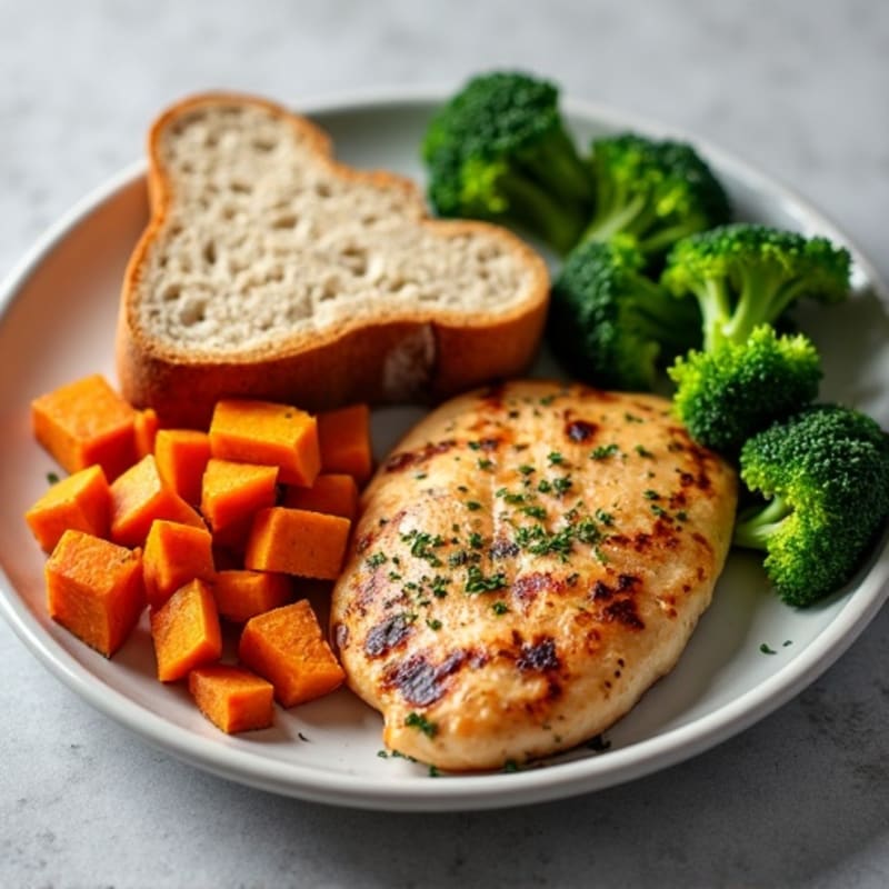 Grilled Chicken Breast with Roasted Sweet Potatoes and Steamed Broccoli