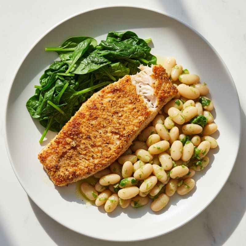 Seared Fish Fillet with Steamed Spinach and Citrus Beans