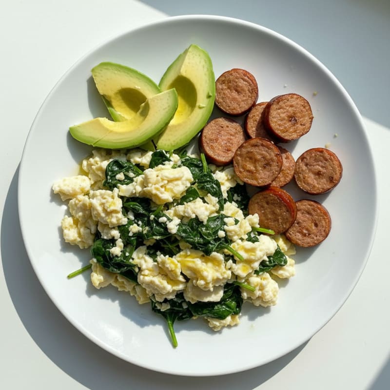 Egg White Scramble with Turkey Sausage and Sautéed Spinach