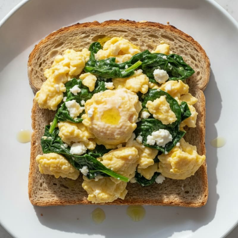 Scrambled Eggs with Spinach and Feta on Whole Grain Toast
