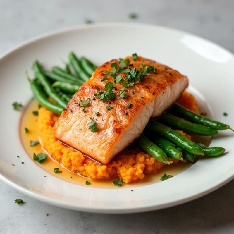 Seared Salmon with Garlic Green Beans and Sweet Potato Mash