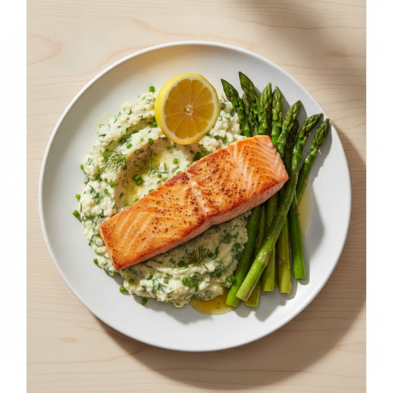 Seared Salmon Fillet with Herb-Cauliflower Mash and Steamed Asparagus